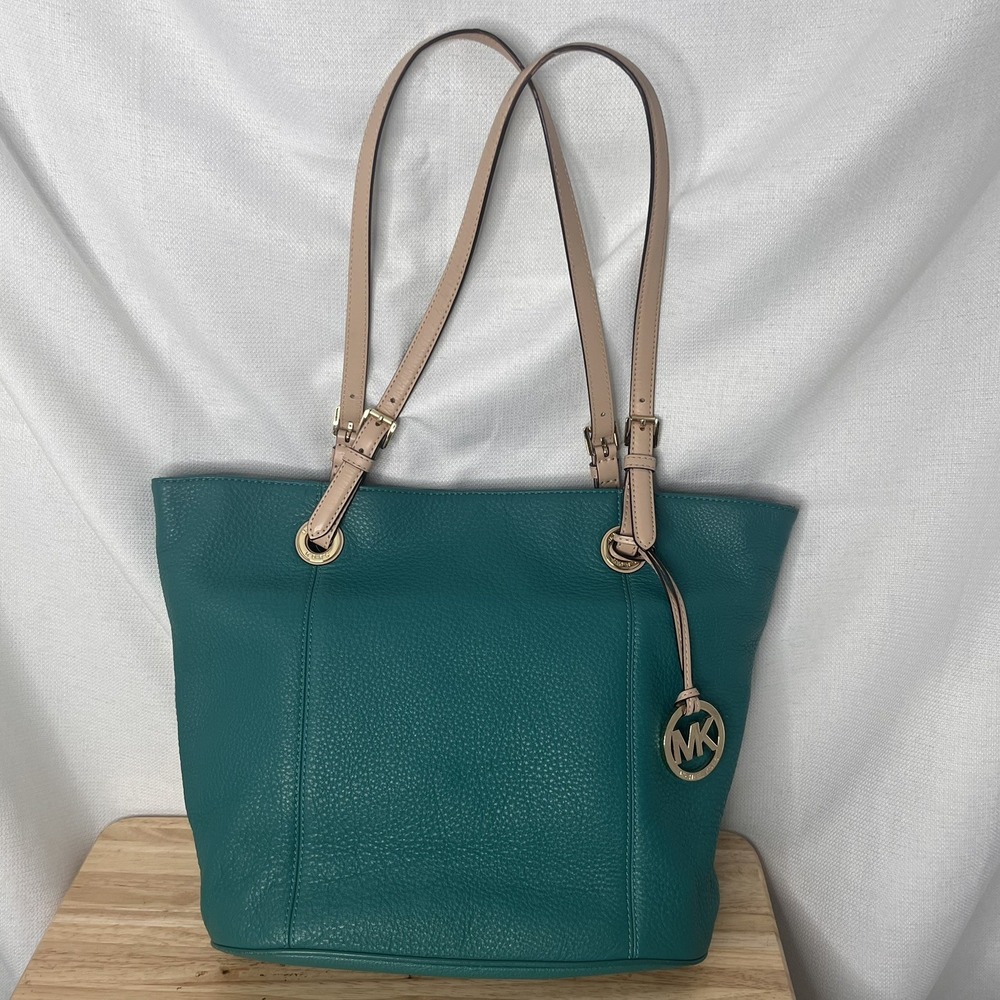 Michael Kors Aqua Teal Leather Shoulder Tote Bag Quiet Luxury Work Bag